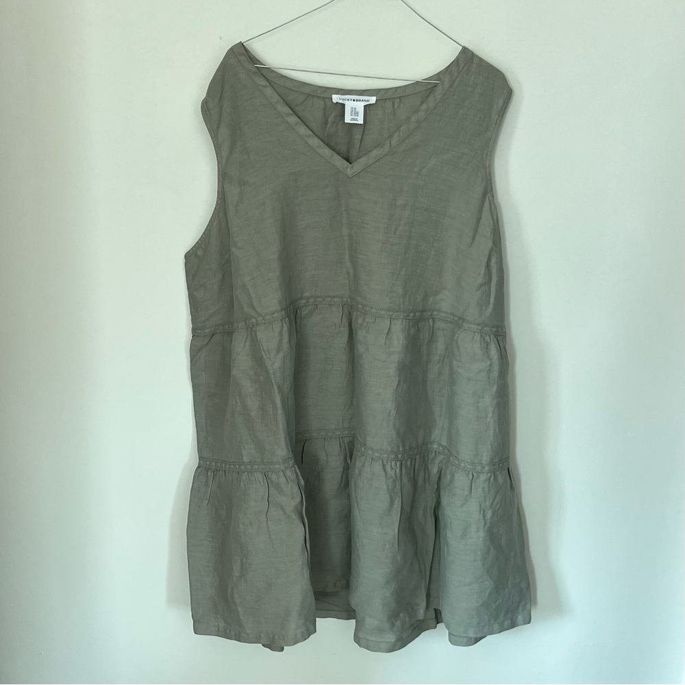 NWT Lucky Brand 100% Linen Light Sage Green Tiered Sleeveless Mini Dress 1X